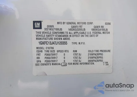 2007 GMC Yukon Sle z USA, uszkodzony, nr VIN 1GKFC13J47J120355